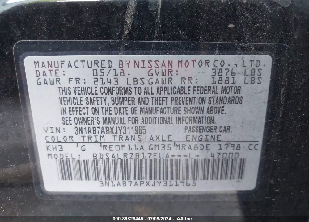 2018 NISSAN SENTRA SR VIN: 3N1AB7APXJY311965
