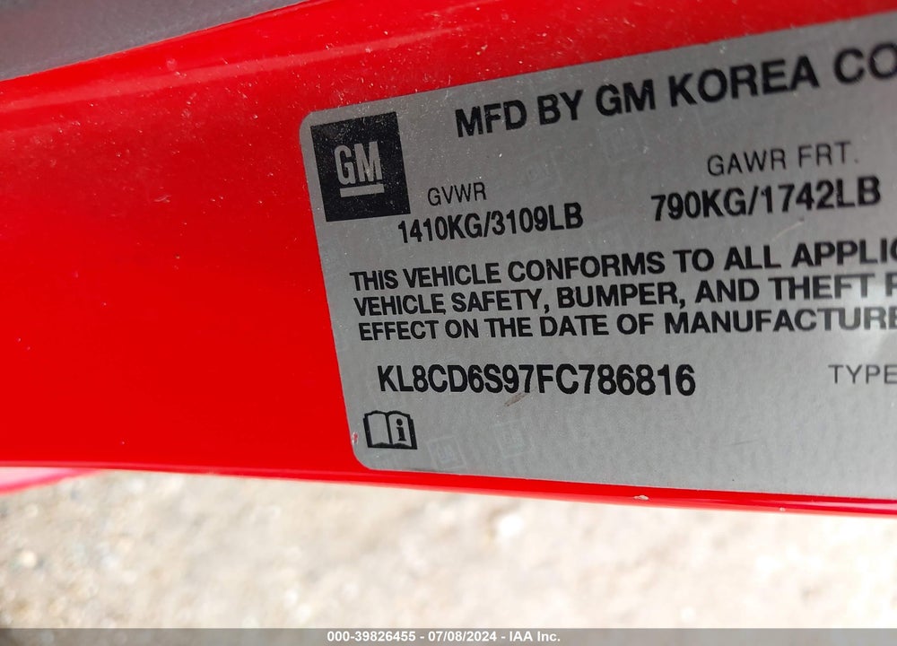 2015 CHEVROLET SPARK 1LT CVT VIN: KL8CD6S97FC786816