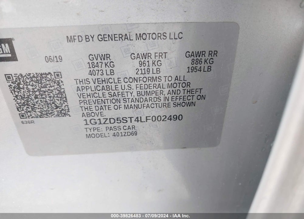 2020 CHEVROLET MALIBU FWD LT VIN: 1G1ZD5ST4LF002490