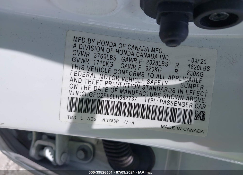 2020 HONDA CIVIC VIN: 2HGFC2F85LH582737