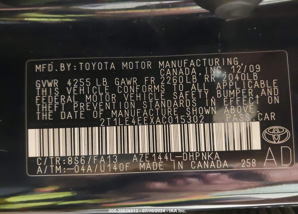 2010 TOYOTA MATRIX S VIN: 2T1LE4EEXAC015302