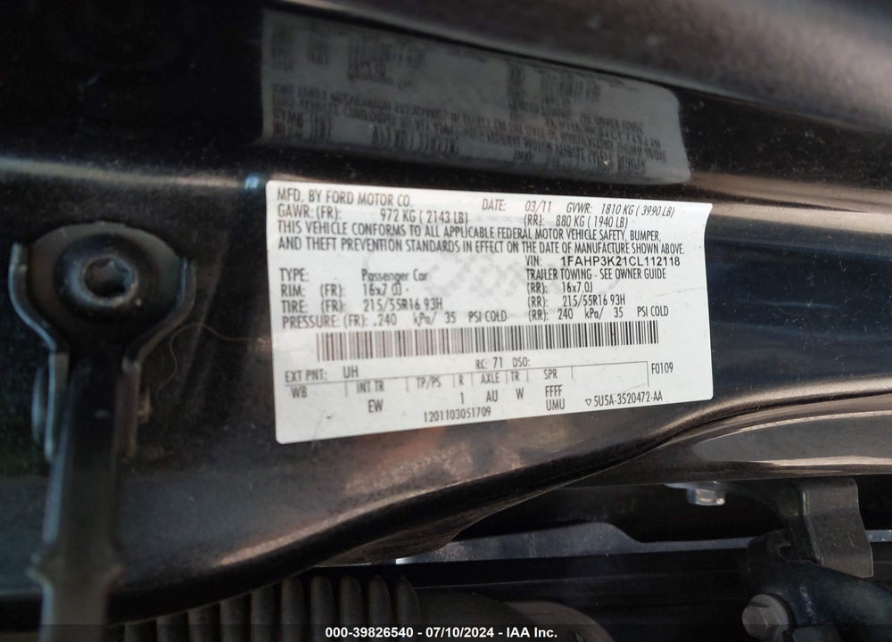 2012 FORD FOCUS SE VIN: 1FAHP3K21CL112118