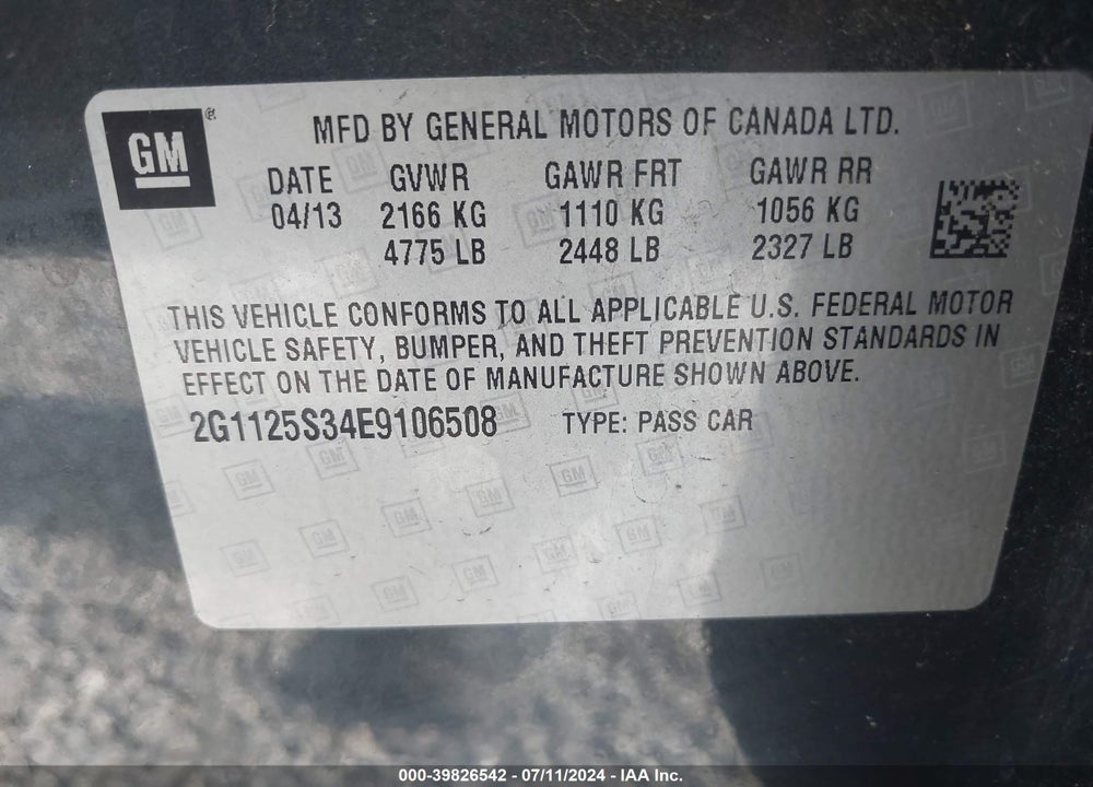 2014 CHEVROLET IMPALA 2LT VIN: 2G1125S34E9106508