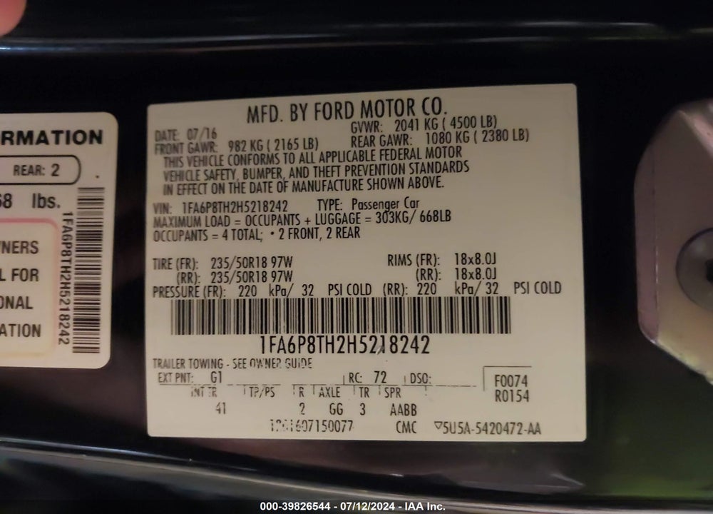 2017 FORD MUSTANG ECOBOOST VIN: 1FA6P8TH2H5218242
