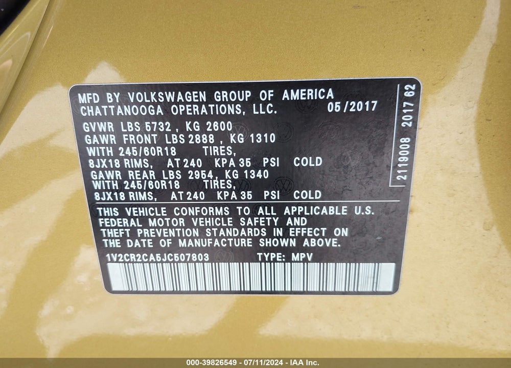 2018 VOLKSWAGEN ATLAS 3.6L V6 SE VIN: 1V2CR2CA5JC507803