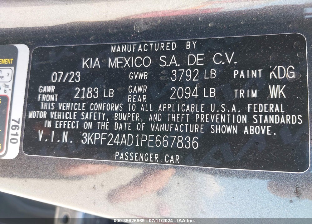 2023 KIA FORTE VIN: 3KPF24AD1PE667836