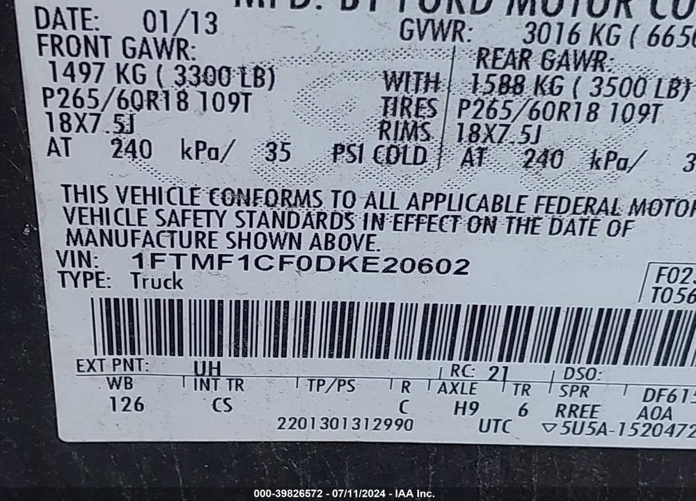 2013 FORD F-150 STX VIN: 1FTMF1CF0DKE20602
