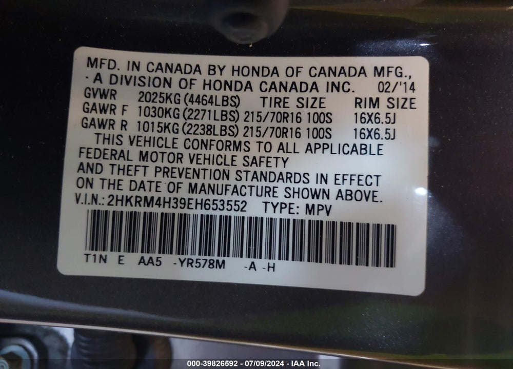 2014 HONDA CR-V LX VIN: 2HKRM4H39EH653552