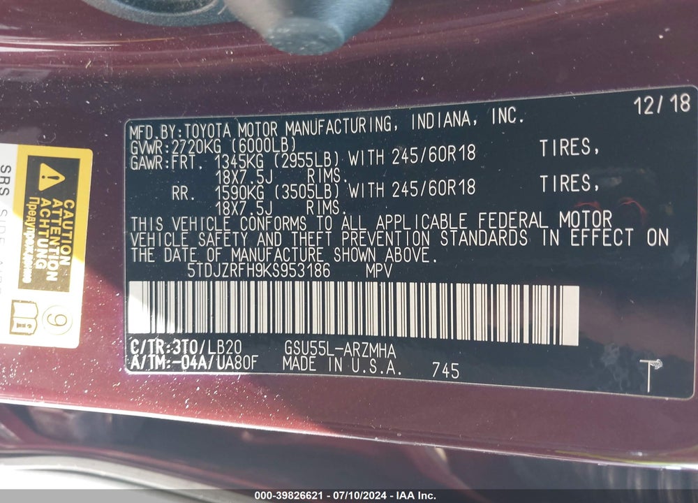 2019 TOYOTA HIGHLANDER XLE VIN: 5TDJZRFH9KS953186