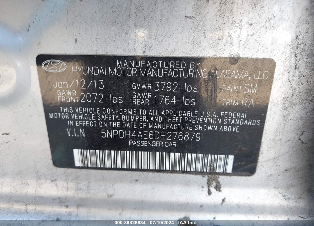 2013 HYUNDAI ELANTRA GLS VIN: 5NPDH4AE6DH276879