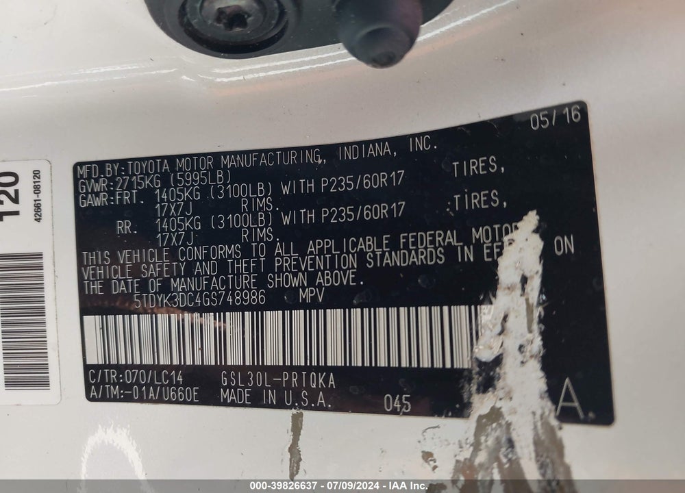 2016 TOYOTA SIENNA XLE 8 PASSENGER VIN: 5TDYK3DC4GS748986