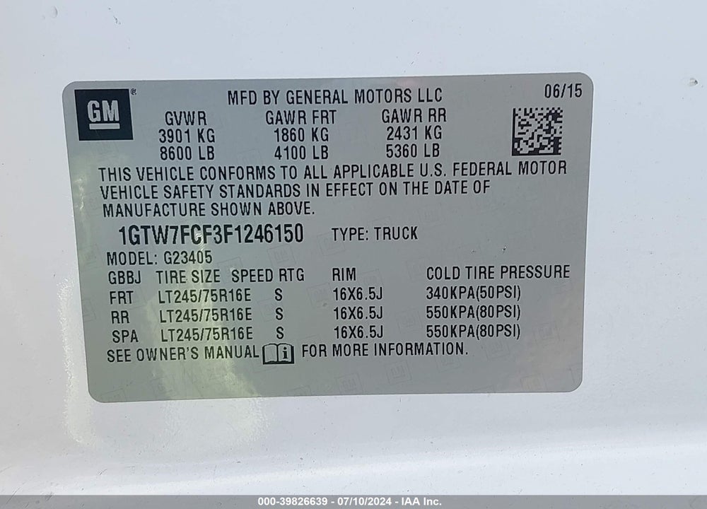2015 GMC SAVANA 2500 WORK VAN VIN: 1GTW7FCF3F1246150