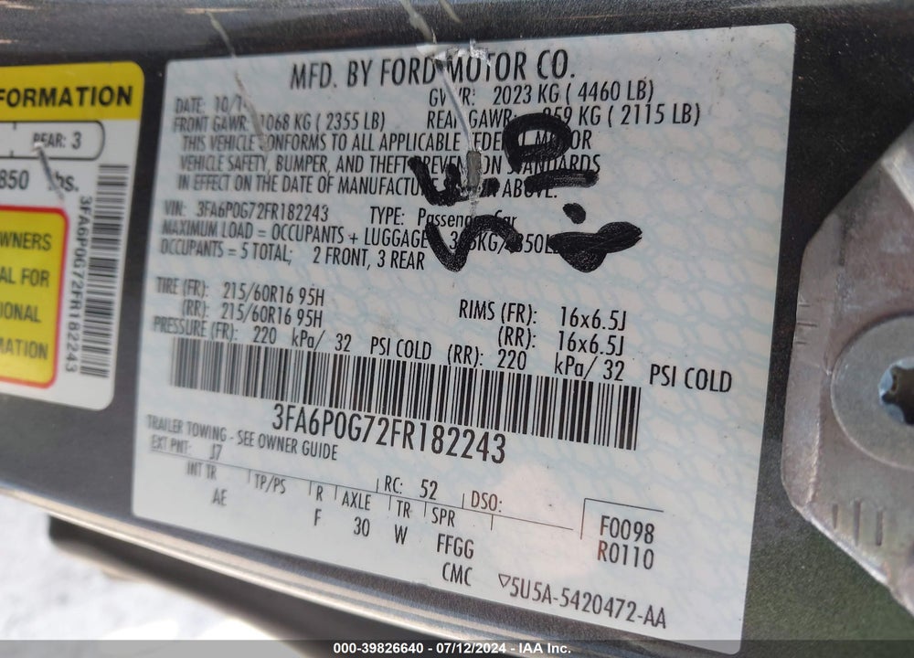 2015 FORD FUSION S VIN: 3FA6P0G72FR182243