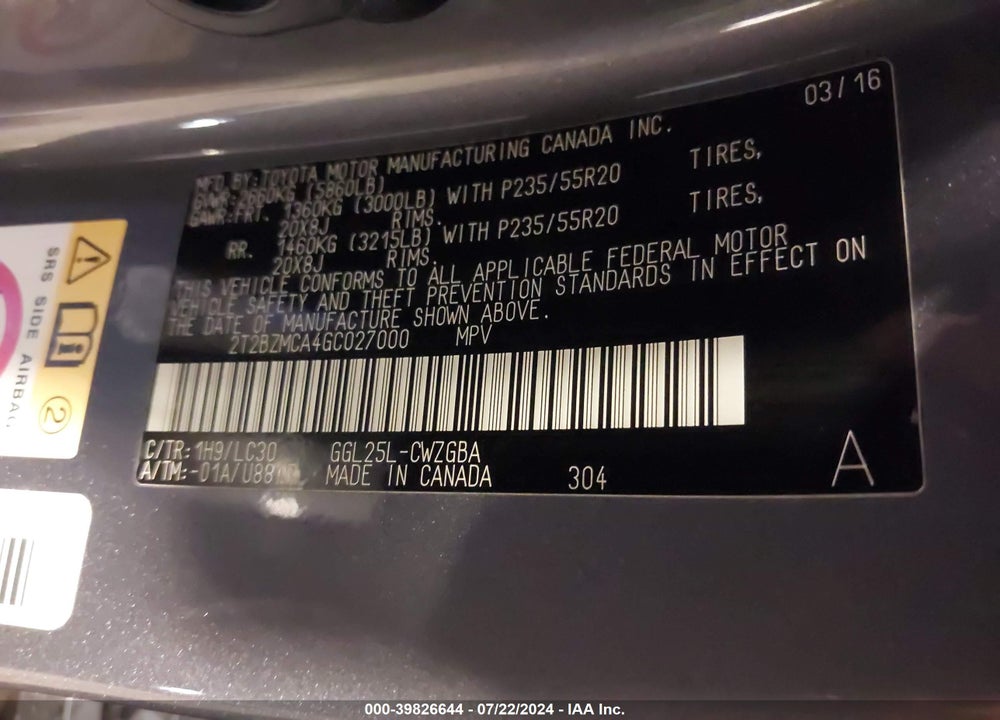 2016 LEXUS RX 350 F-SPORT VIN: 2T2BZMCA4GC027000