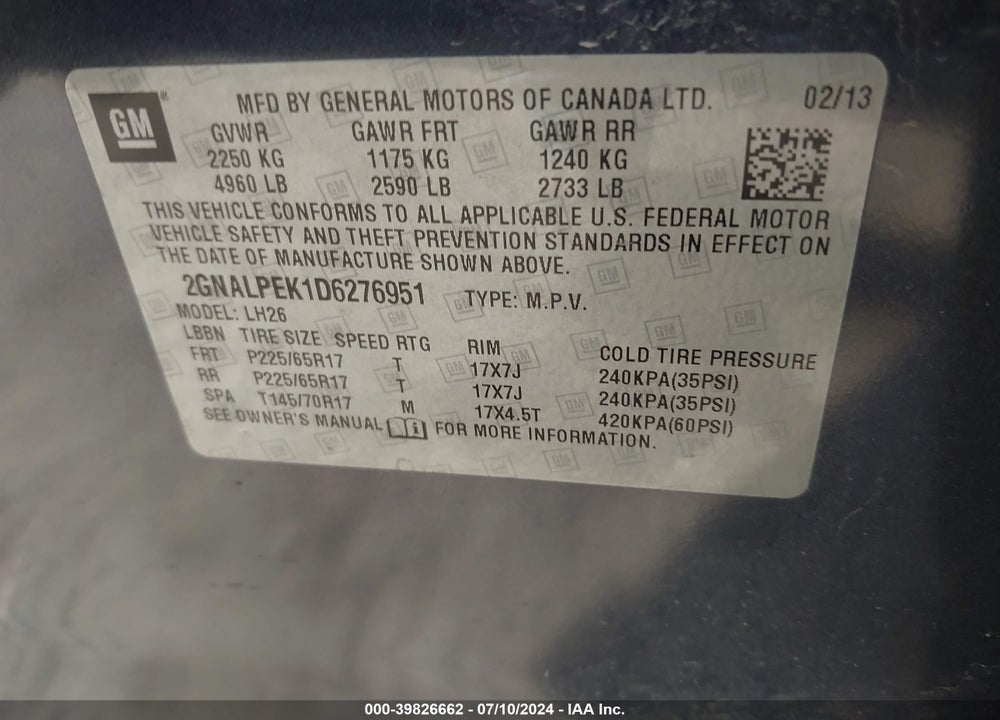 2013 CHEVROLET EQUINOX 2LT VIN: 2GNALPEK1D6276951