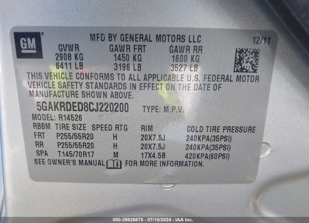 2012 BUICK ENCLAVE PREMIUM VIN: 5GAKRDED8CJ220200