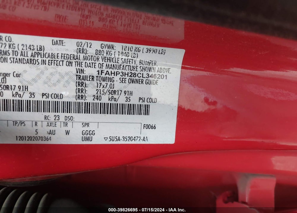 2012 FORD FOCUS SEL VIN: 1FAHP3H28CL346201