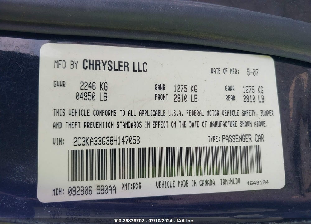 2008 CHRYSLER 300 LIMITED VIN: 2C3KA33G38H147053