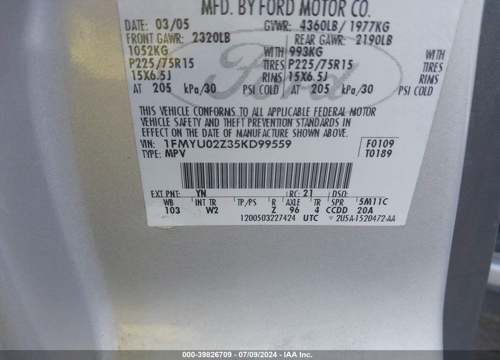 2005 FORD ESCAPE XLS VIN: 1FMYU02Z35KD99559
