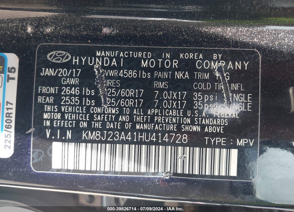 2017 HYUNDAI TUCSON SE VIN: KM8J23A41HU414728