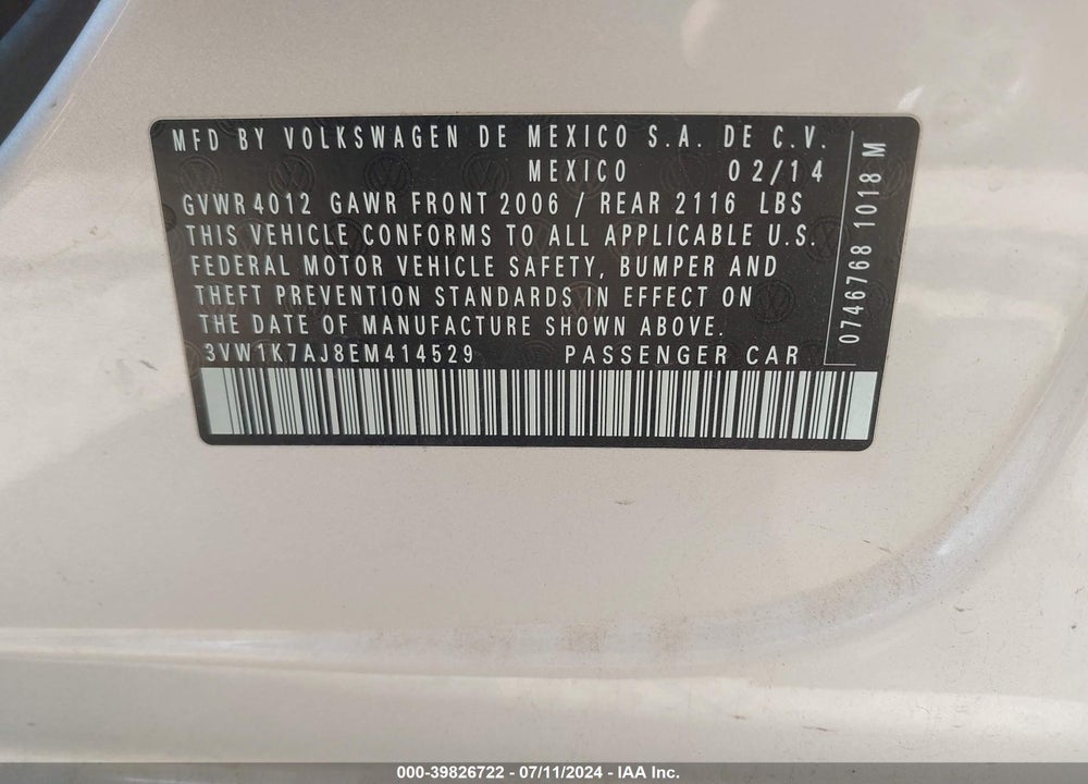 2014 VOLKSWAGEN JETTA 2.0L S VIN: 3VW1K7AJ8EM414529