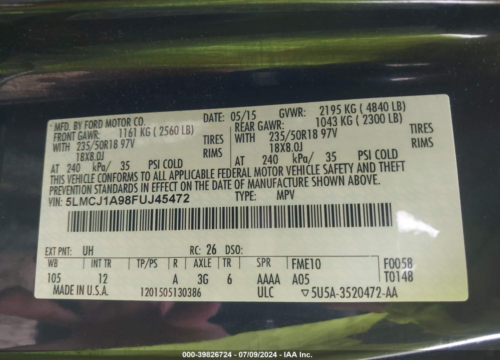 2015 LINCOLN MKC VIN: 5LMCJ1A98FUJ45472