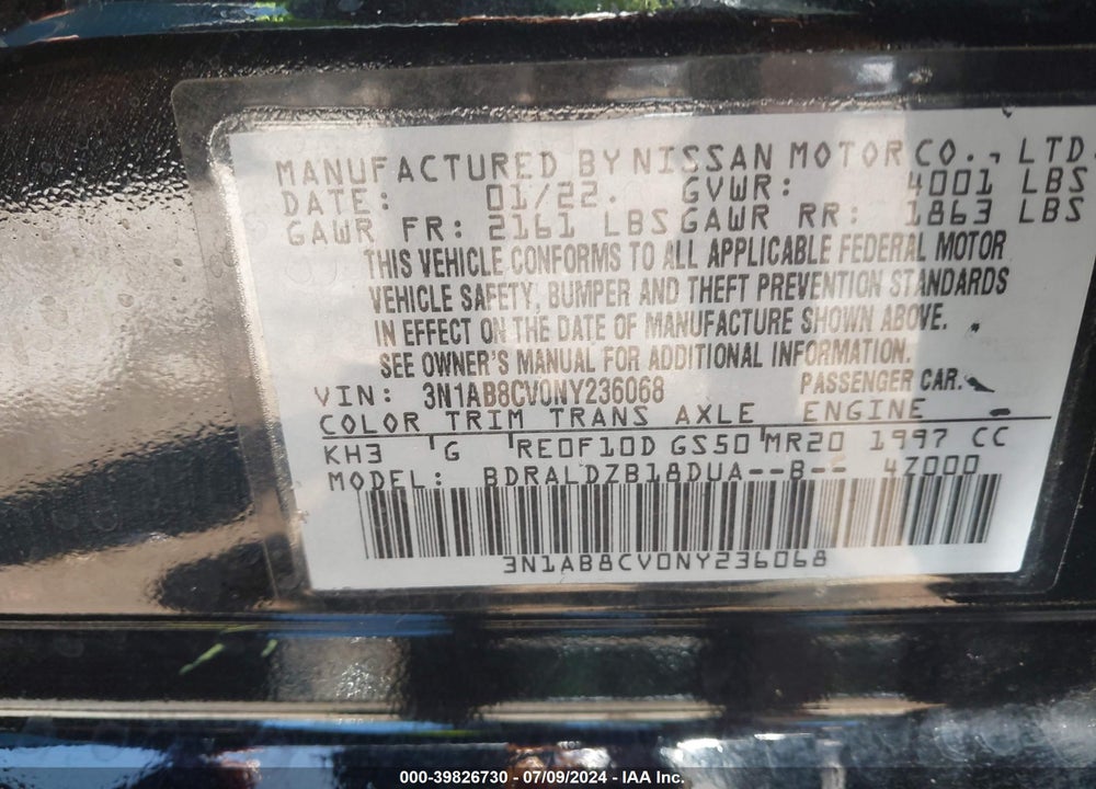 2022 NISSAN SENTRA VIN: 3N1AB8CV0NY236068