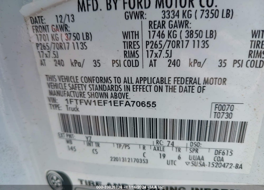 2014 FORD F-150 VIN: 1FTFW1EF1EFA70655