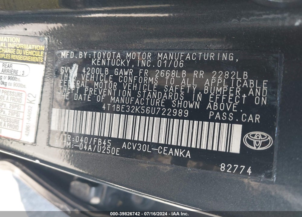 2006 TOYOTA CAMRY LE VIN: 4T1BE32K56U722989