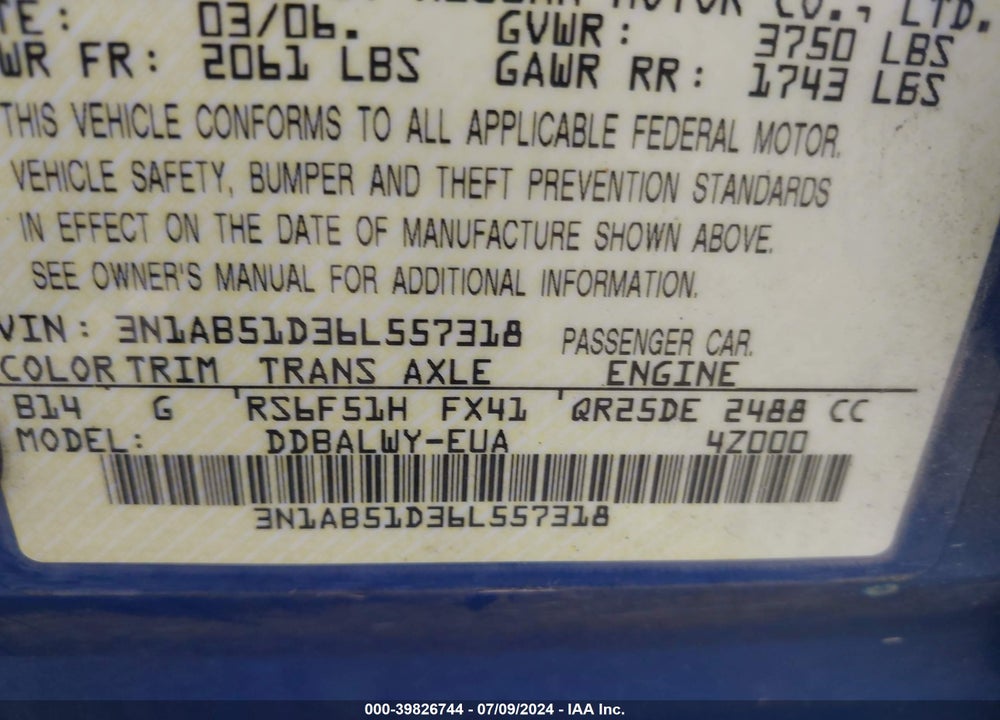 2006 NISSAN SENTRA SE-R SPEC V VIN: 3N1AB51D36L557318