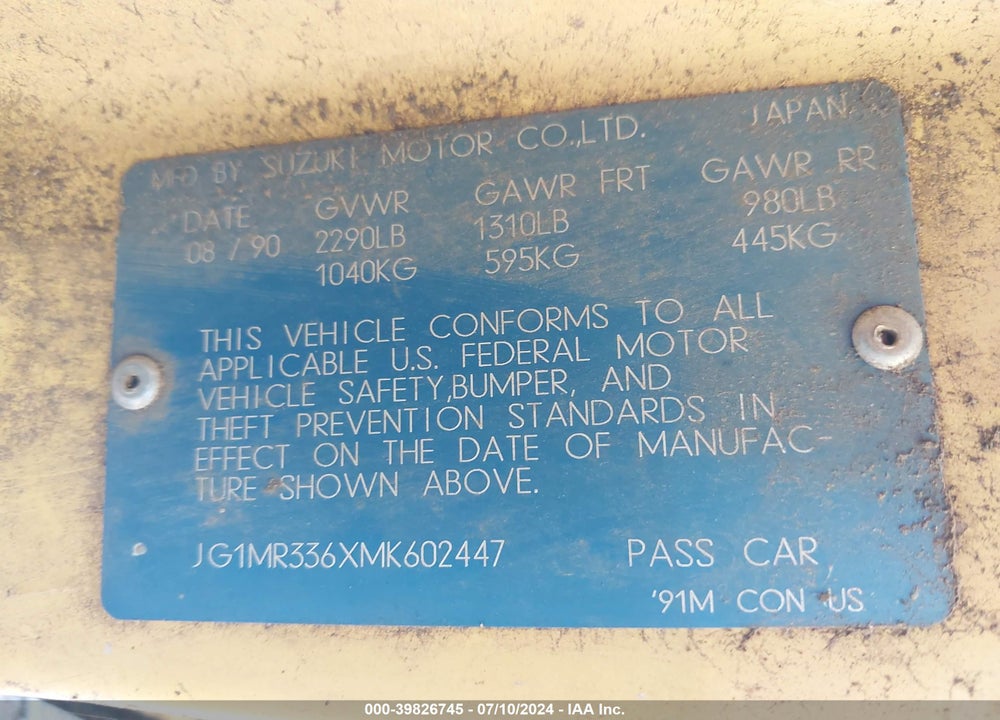 1991 GEO METRO LSI SPRINT CL VIN: JG1MR336XMK602447
