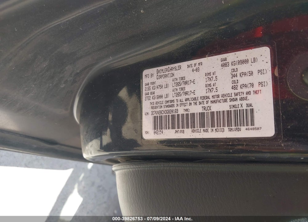 2003 DODGE RAM 2500 SLT/LARAMIE/ST VIN: 3D7KA28CX3G820169