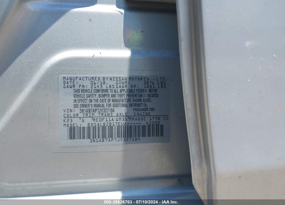 2018 NISSAN SENTRA VIN: 3N1AB7AP7JY327184