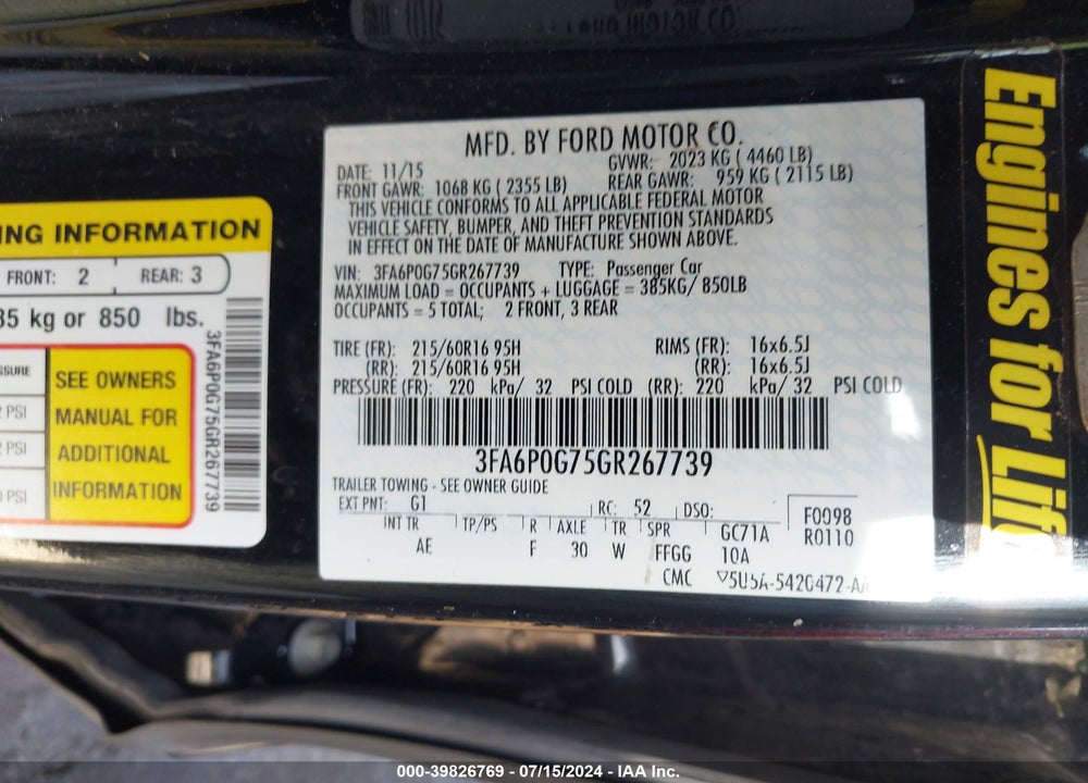 2016 FORD FUSION S VIN: 3FA6P0G75GR267739