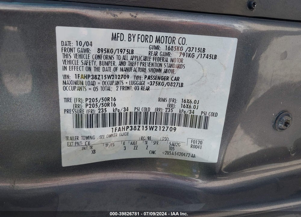 2005 FORD FOCUS ZX4 VIN: 1FAHP38Z15W212709
