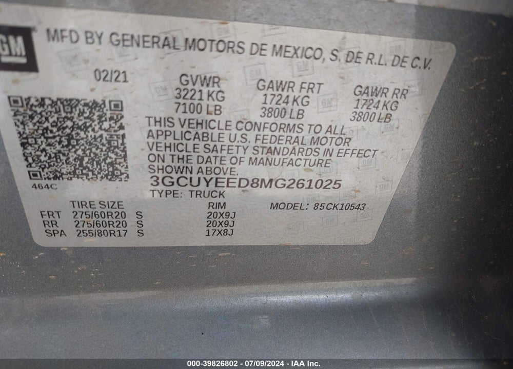 2021 CHEVROLET SILVERADO 1500 4WD SHORT BED RST VIN: 3GCUYEED8MG261025