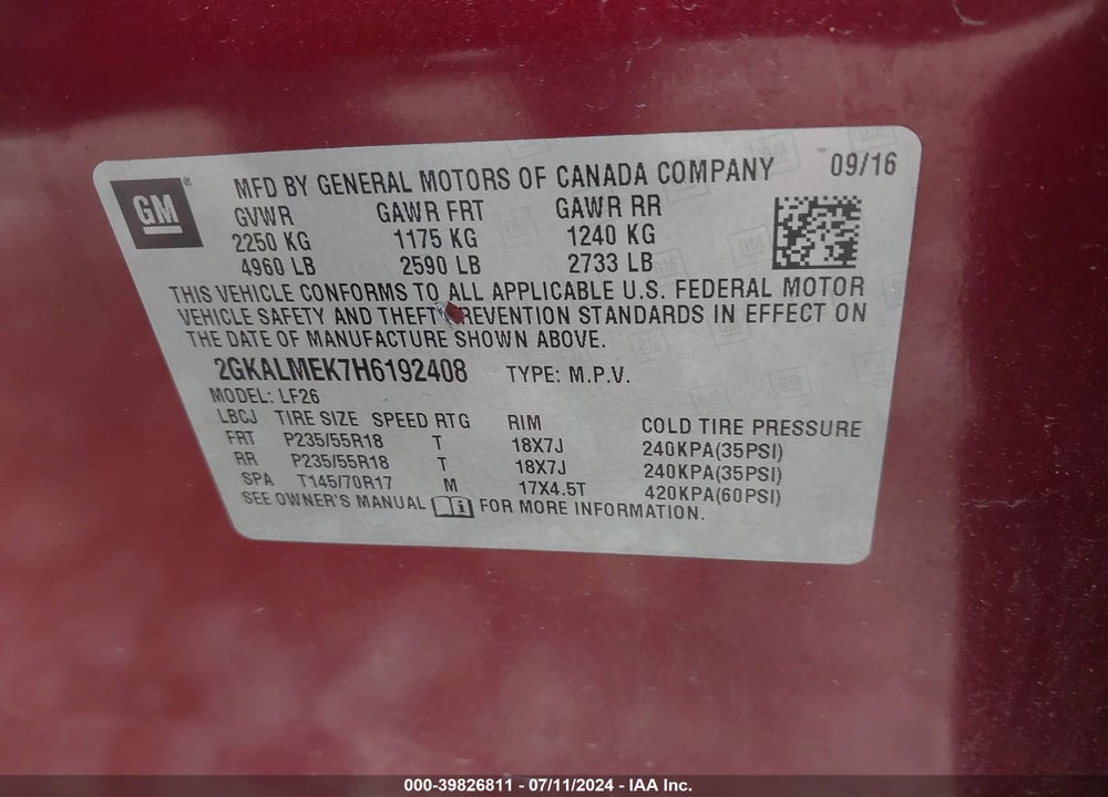 2017 GMC TERRAIN SLE-1 VIN: 2GKALMEK7H6192408