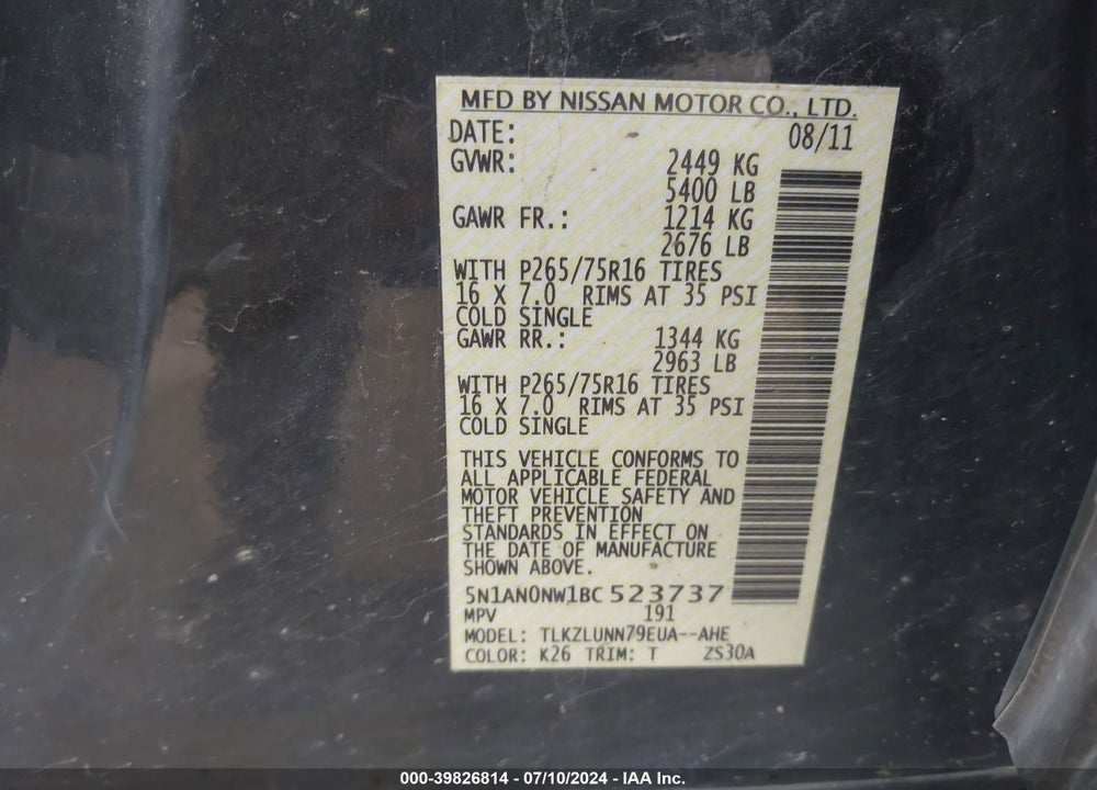 2011 NISSAN XTERRA PRO - 4X VIN: 5N1AN0NW1BC523737