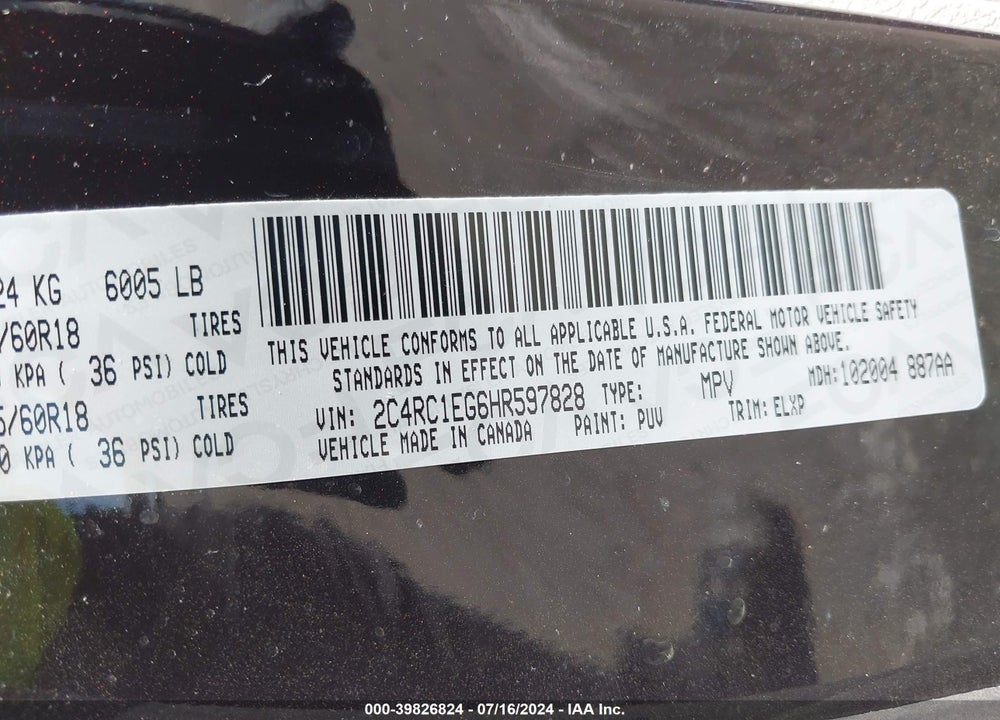 2017 CHRYSLER PACIFICA TOURING L PLUS VIN: 2C4RC1EG6HR597828