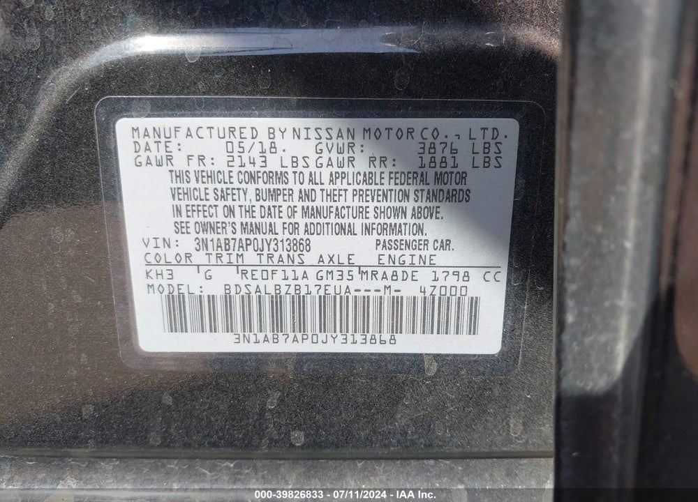 2018 NISSAN SENTRA S VIN: 3N1AB7AP0JY313868