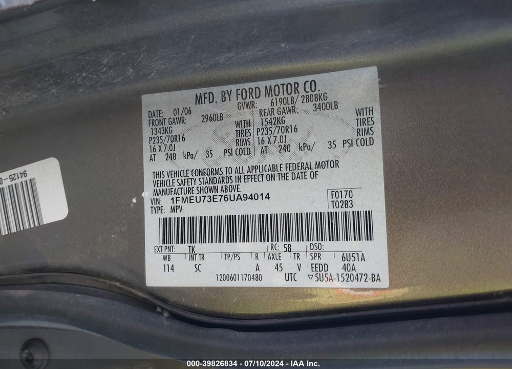 2006 FORD EXPLORER XLT VIN: 1FMEU73E76UA94014