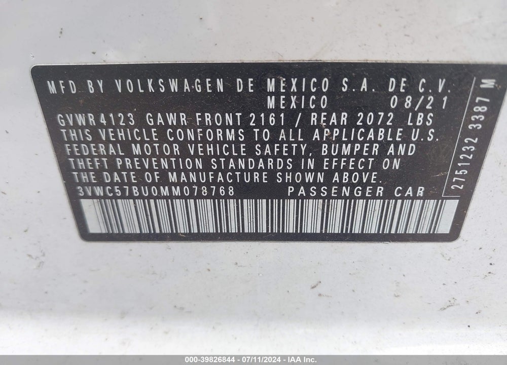 2021 VOLKSWAGEN JETTA 1.4T R-LINE/1.4T S/1.4T SE VIN: 3VWC57BU0MM078768