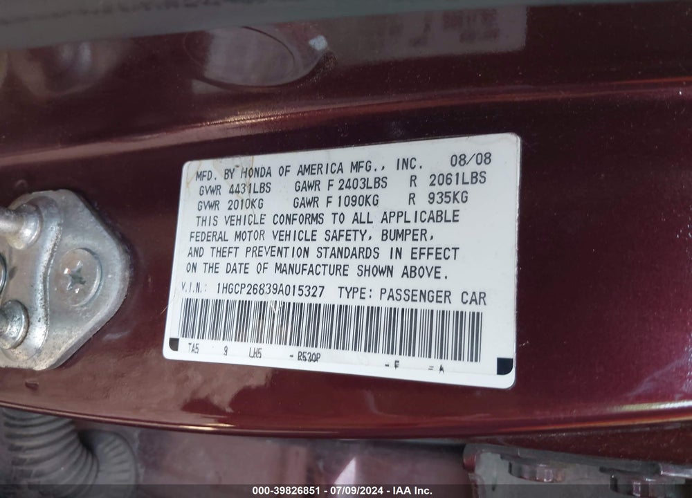 2009 HONDA ACCORD 2.4 EX-L VIN: 1HGCP26839A015327