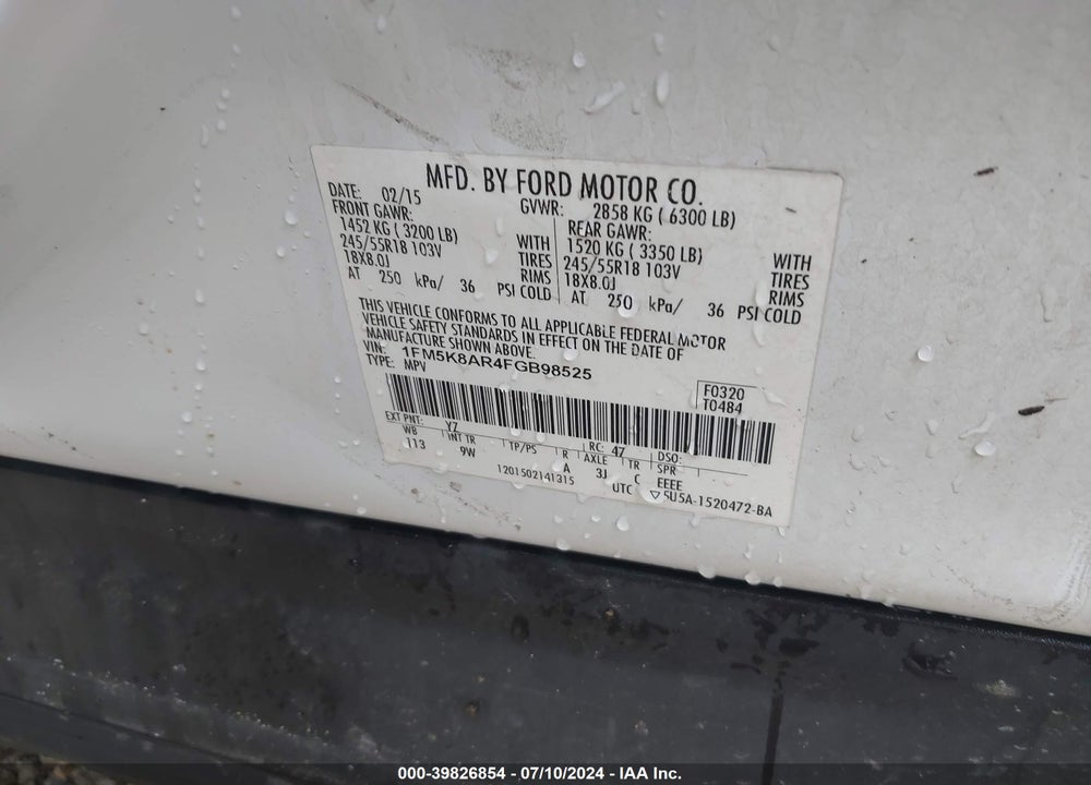 2015 FORD UTILITY POLICE INTERCEPTOR VIN: 1FM5K8AR4FGB98525
