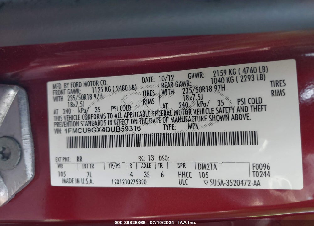 2013 FORD ESCAPE SE VIN: 1FMCU9GX4DUB59316