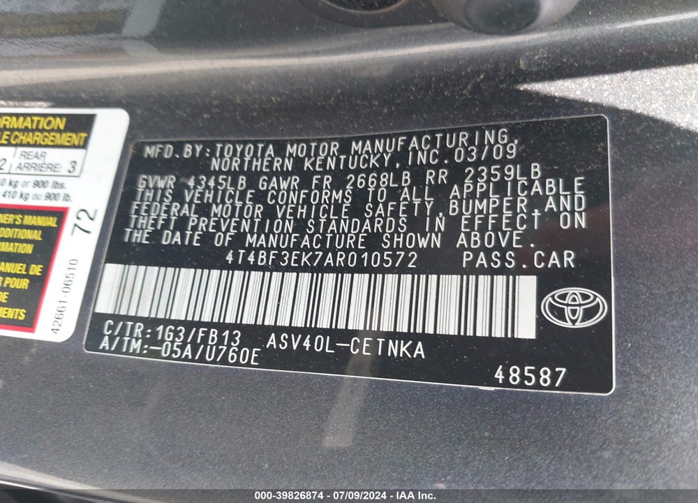 2010 TOYOTA CAMRY LE VIN: 4T4BF3EK7AR010572