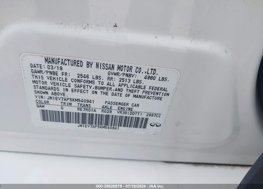 2019 INFINITI Q50 3.0T SIGNATURE EDITION VIN: JN1EV7AP5KM540941