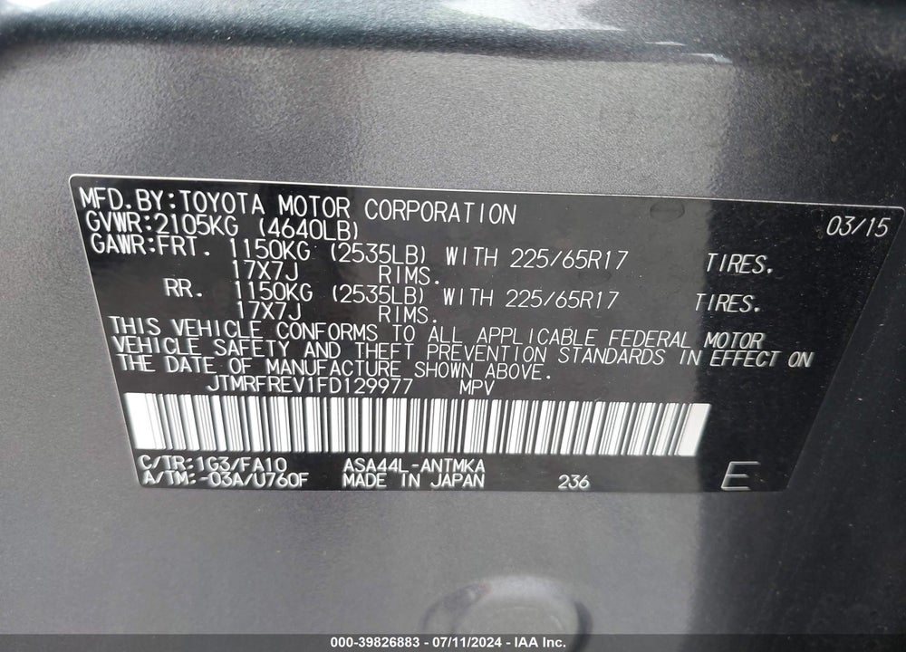2015 TOYOTA RAV4 XLE VIN: JTMRFREV1FD129977