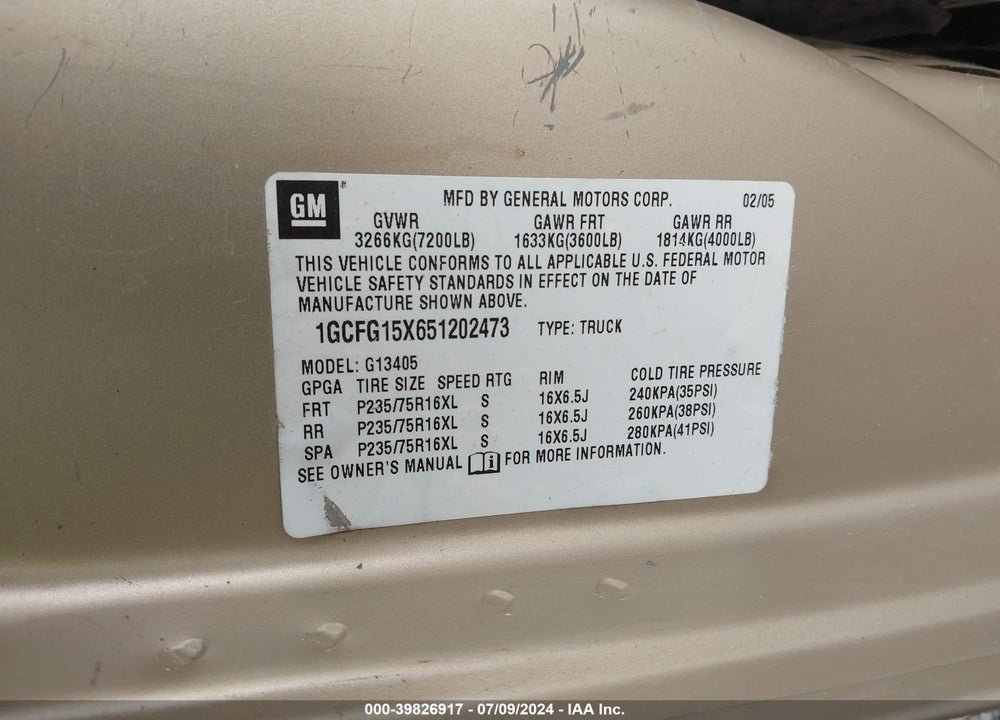 2005 CHEVROLET EXPRESS VIN: 1GCFG15X651202473