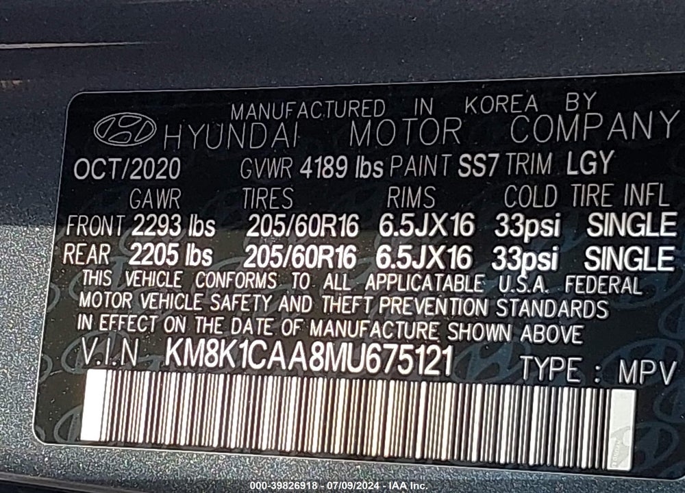 2021 HYUNDAI KONA SE VIN: KM8K1CAA8MU675121